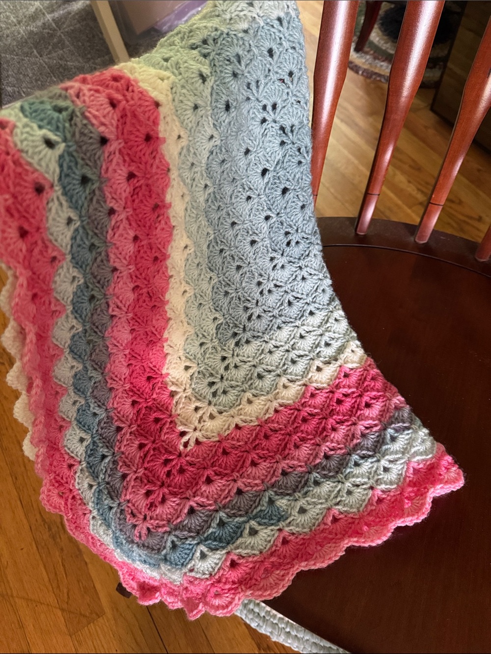 Hand-Crocheted Blanket in Pink, Gray, Cream, Blue - Baby Blanket Gender Reveal